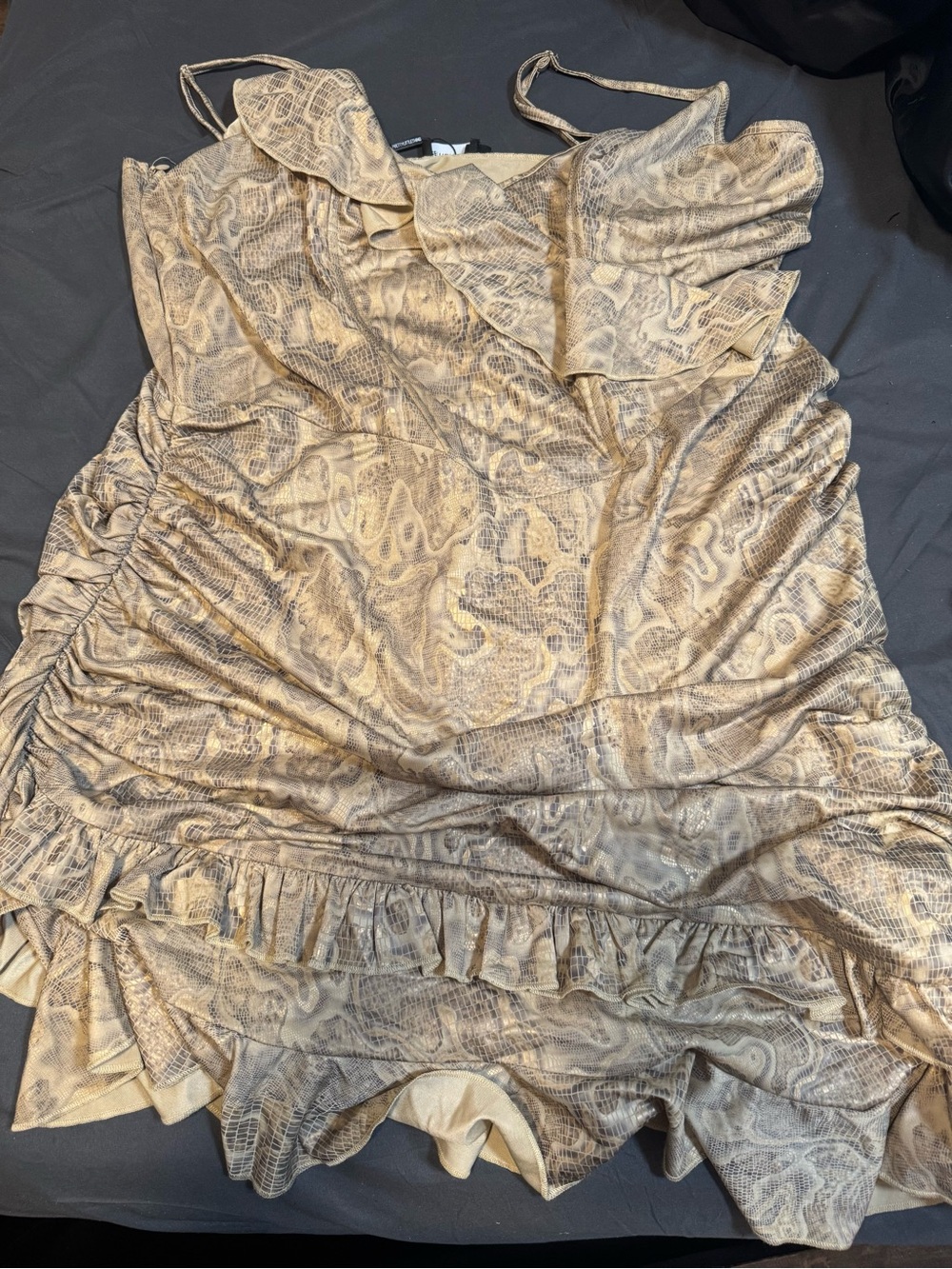 PrettyLittleThing Beige Snake-Print Ruffle Mini Dress